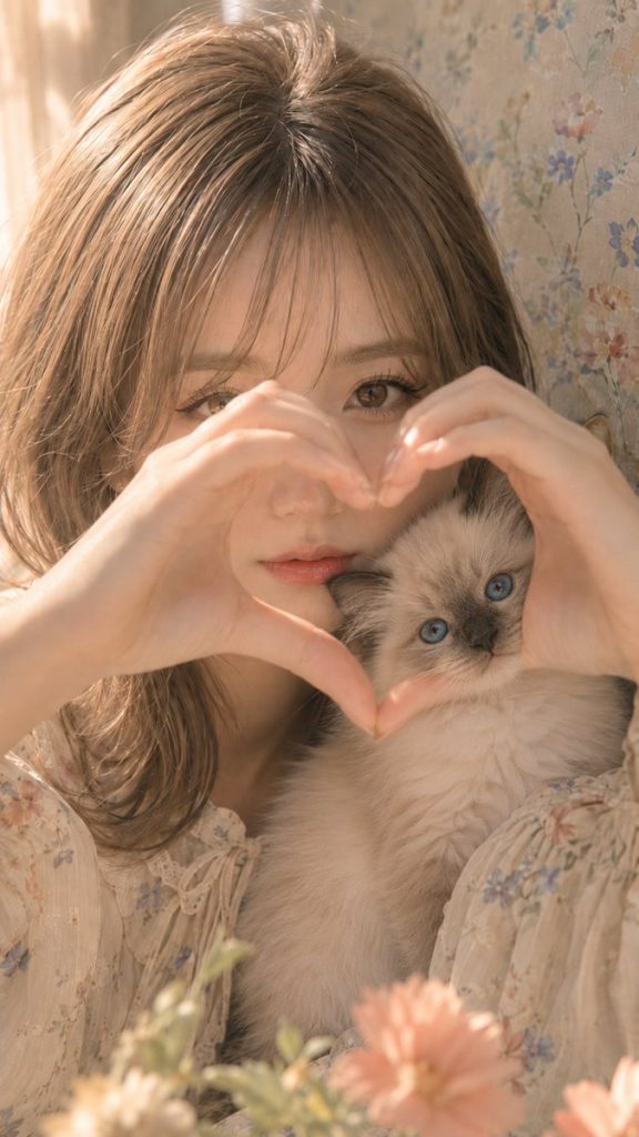 پرتره صبحگاهی با بچه‌گربه و قلب دست‌ها