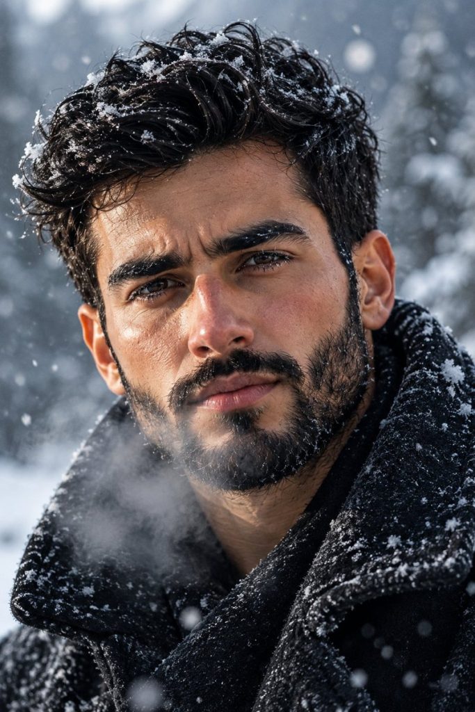 پرتره سینمایی زمستانی با دانه‌های برف روی مژه‌ها